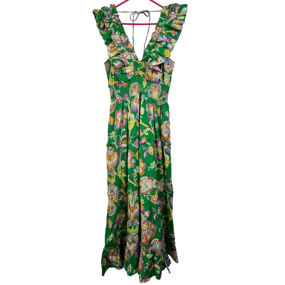 Caroline Constas Green Floral Paisley Ruffle Tiered Maxi Dress Smocked Waist NWT - Picture 2 of 11